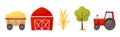 Farm Object with Hay Wagon, Barn, Tree and Tractor Vector Set Royalty Free Stock Photo