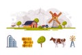 Farm Object with Timbered Red Barn, Hay, Tree, Cow and Windmill Vector Set Royalty Free Stock Photo