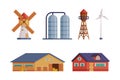 Farm Object with Timbered Red Barn, Windmill and Water Tower Vector Set Royalty Free Stock Photo