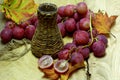 Farm organic drinks wicker bottle and grapes Royalty Free Stock Photo
