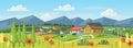 Farm panorama with fields, flowers, grass and cows. Royalty Free Stock Photo