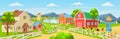 Farm panorama with a greenhouse, chicken coop, barn, houses, mills, fields, trees. Vector illustration in cartoon style