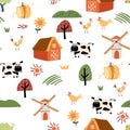 Farm cartoon seamless pattern. Funny domestic animals, countryside, houses and sheds with tractor and garden. Royalty Free Stock Photo