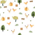 Farm seamless pattern. Chickens, trees, haystack and fences. Domestic animals.