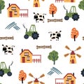 Farm seamless pattern Lovely landscape background with car tractors, houses and cow.