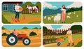 Farm people, man and woman farmer agriculture field. Animal worker, countryside farmland village harvest landscape with