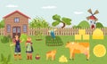 Farm with person worker, vector illustration, flat man woman charcater care about cow, hold agriculture plant in hand Royalty Free Stock Photo