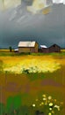 Farm on The Plains of Obscurity With Light Flowers on Canvas Oil Painting AI Generative