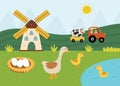 On the farm poster with a cute goose and her baby goslings. Windmill, tractor, a pond on a green meadow