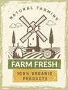 Farm poster. Windmill building on meadow background rural poster with place for text recent vector windmill picture
