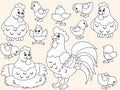 Farm poultry, hen, rooster and chicks in different poses. Isolated animals for stickers. Children coloring book.