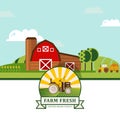 Farm product label, vector illustration. Flat style landscape with farmhouse, green fields and tractor. Fresh healthy