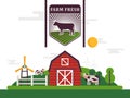 Farm product label, vector illustration. Flat style landscape with farmhouse, green fields, windmills and sows. Fresh