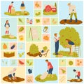 Farm production, farmers picking fruit in orchard, feeding chicken, growing vegetables