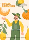 Farm products banner design for autumn harvest market. Happy smiling farmer and ripe sweet fruits and vegetables. Royalty Free Stock Photo