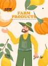 Farm products banner design for autumn harvest market. Happy smiling farmer and ripe sweet fruits and vegetables. Royalty Free Stock Photo