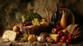 farm products in a basket. Fresh vegetables, cheese, cereal products in baskets. Farm products, seasonal vegetables.