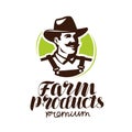 Farm products logo or label. Farmer icon, vector illustration