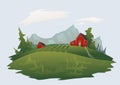 Farm or ranch in the mountain alpine landscape. Isolated vector illustration.