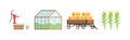 Farm and Ranch Rural Object with Well, Greenhouse, Hay and Corn Cob Vector Set