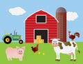 Farm With Red Barn Tractor And Animals