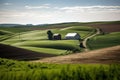 farm with rolling hills and crops growing in the sun