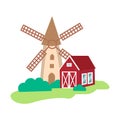 Farm rural building or barn and mill icon flat vector illustration isolated. Royalty Free Stock Photo