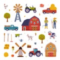 Farm Rural Buildings and Agricultural Objects Set, Barn, House, Mill, Tractor, Pickup, Livestock, Agriculture and