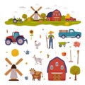 Farm Rural Buildings and Agricultural Objects Set, Barn, Mill, Tractor, Pickup, Livestock, Agriculture, Gardening and