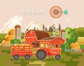Farm rural landscape. Agriculture vector illustration. Colorful countryside. Poster with vintage village and farm