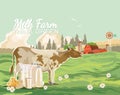 Farm rural landscape with cow and milk. Agriculture vector illustration. Colorful countryside. Poster with vintage farm Royalty Free Stock Photo