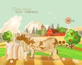 Farm rural landscape with cow. Think green. Agriculture vector illustration. Colorful countryside. Poster with vintage farm Royalty Free Stock Photo