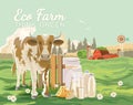 Farm rural landscape with cute cow and milk. Agriculture vector illustration. Colorful countryside. Poster with vintage farm Royalty Free Stock Photo