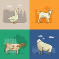 Farm rural landscape with goat, sheep, cow and goose. Agriculture vector illustration. Colorful countryside. Royalty Free Stock Photo