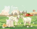 Farm rural landscape with goats. Agriculture vector illustration. Colorful countryside. Poster with vintage farm Royalty Free Stock Photo