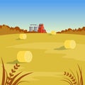 Farm rural landscape with hay, beautiful autumn background vector illustration Royalty Free Stock Photo