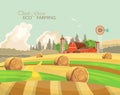 Farm rural landscape with haystacks. Agriculture vector illustration. Colorful countryside. Poster with vintage farm Royalty Free Stock Photo