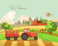 Farm rural landscape with haystacks. Think green. Agriculture vector illustration. Colorful countryside. Poster with vintage farm Royalty Free Stock Photo