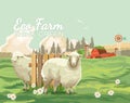 Farm rural landscape with sheeps. Agriculture vector illustration. Colorful countryside. Poster with vintage farm