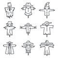 Farm scarecrow icons set, outline style
