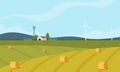 Farm scene with barn and windmill, trees, fence, haystacks. Rural landscape. Agriculture and farming concept. Cute vector Royalty Free Stock Photo