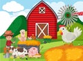 Farm scene with farmer and many animals on the farm