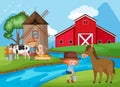 Farm scene with farmers and animals by the river Royalty Free Stock Photo