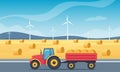 Farm scene with field and haystacks. Tractor with hay bales in cart. Rural landscape. Agriculture and farming concept. Farm Royalty Free Stock Photo