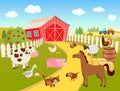 Farm scene illustration with domestic pets