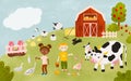 Farm scene landscape with children, barn, farm animals, fields, trees. Cartoon farming horizontal banner. Kids farmers Royalty Free Stock Photo