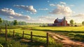 A farm scene with a red barn and fence, AI Royalty Free Stock Photo