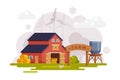 Farm Scene with Red Barn House, Wind Turbine and Water Tower, Summer Rural Landscape, Agriculture and Farming Concept Royalty Free Stock Photo