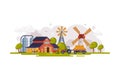 Farm Scene with Red Barn House, Windmill and Wind Turbine, Summer Rural Landscape, Agriculture and Farming Concept