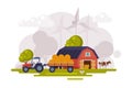 Farm Scene with Red Barn, Wind Turbine and Tractor, Summer Rural Landscape, Agriculture and Farming Concept Cartoon Royalty Free Stock Photo